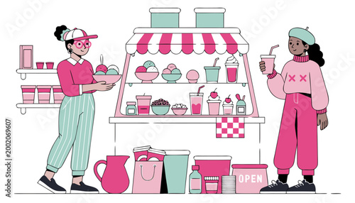 Flat Line Art Concept of Customer Service at Dessert Parlor.eps