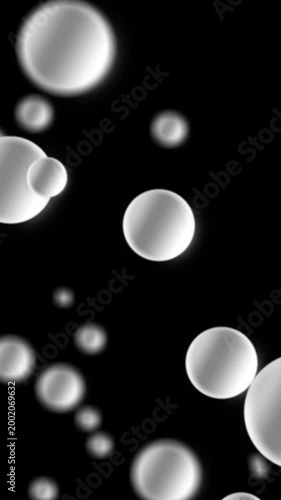 Abstract 3D Rendering silver spheres slowly floating in the air in a dark space. Black background with flying ball figures. Animation of a group of white spheres