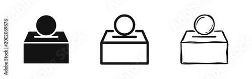 Charity Donation and Ballot Box Icon Set with Coin in Solid Outline and Sketch Styles