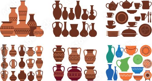 Ceramic pottery and tableware collection vector illustration with vases jugs plates and traditional decorative clay objects isolated background