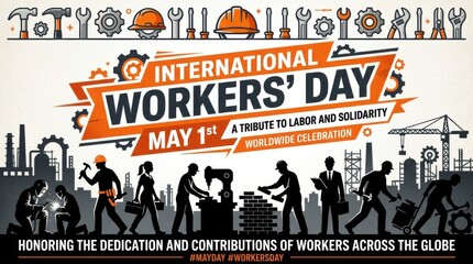 International Workers Day Banner with Silhouettes of Laborers