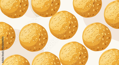 Seamless Pattern Vector Illustration of Fried Sesame Balls or Onde-Onde, Delicious Traditional Asian Snack on Light Background