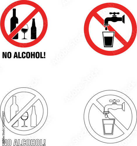 Prohibition signs no alcohol and no water regulatory symbols