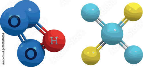 Colorful molecule models with atoms and chemical bonds, organic compound structures in 3D style vector illustration set