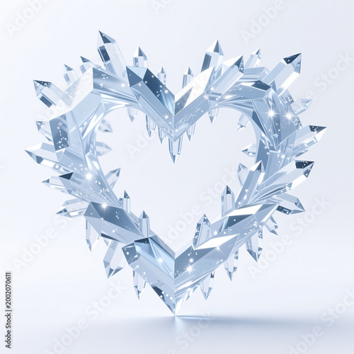 Crystal formation in a heart shape on white background, sharp crystal spikes, complex reflection, shining with delicate shades and sparkles.