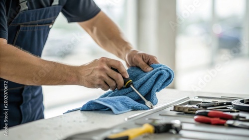 A person repairs a household appliance using a screwdriver and a cloth, with various tools laid out on a workbench nearby.