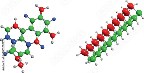 Complex organic molecule structures with detailed atoms and bonds, biochemical compounds and polymer chain 3D vector illustration set