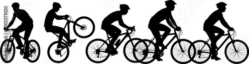 Cyclist silhouette vector set with road biking poses and stunt action, cycling sport icons, outdoor fitness activity illustration collection