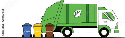 Garbage truck with separate recycling bins for plastic paper and organic