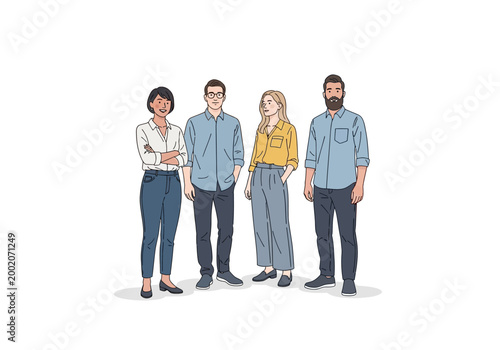 Photography Four adults standing together in casual clothes.