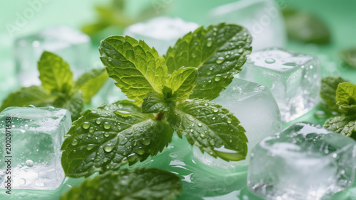 Close-up macro of mint leaves and ice cubes, fresh cool summer vibe