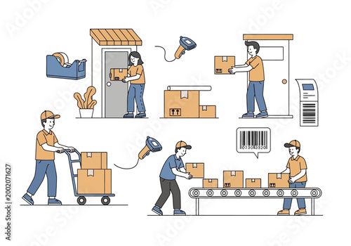 Photos Workers handling boxes in warehouse.