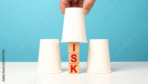 Hand lifting cup reveals hidden risk blocks underneath
