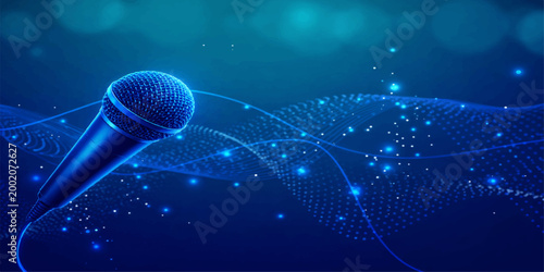 Glowing blue digital vector illustration of a microphone on stage featuring an explosion of light and motion against a magic technology backdrop