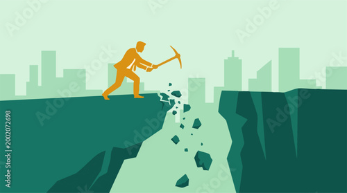 Cuadro en lienzo Businessman breaking a cliff with a pickaxe, a metaphor for challenges