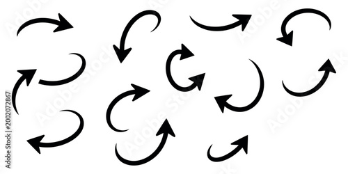 Black curved arrows pointing in various directions on a white background, symbolizing movement, refresh, or turning for graphic design.