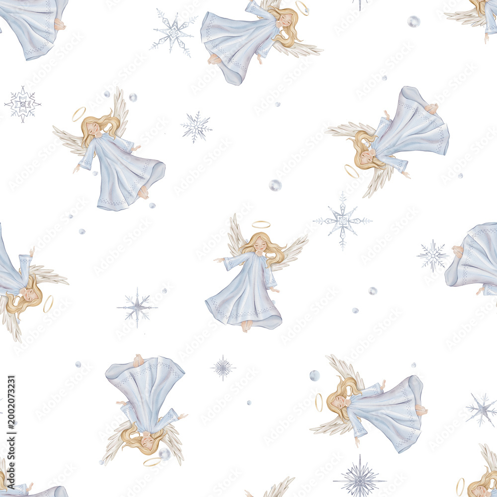 Obraz premium Seamless pattern with cute Christmas angel with light hair and blue dress in minimalist scandinavian style. Hand drawn illustration repeat ornament with snowflakes children's design.