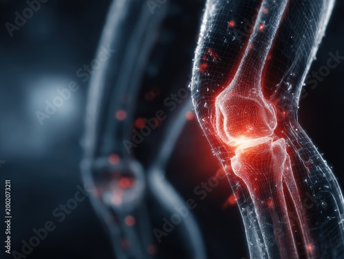 Digital illustration of human knee joint with glowing highlights  