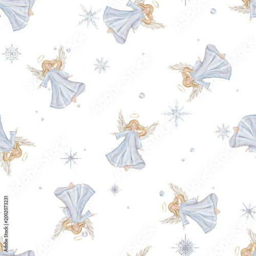 Seamless pattern with cute Christmas angel with light hair and blue dress in minimalist scandinavian style. Hand drawn illustration repeat ornament with snowflakes children's design.