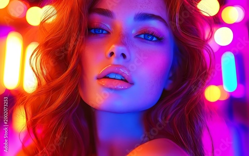 Young woman with blue-green eyes and wavy red hair bathed in vibrant neon pink, purple, and orange lights, creating a dramatic, glossy glow.