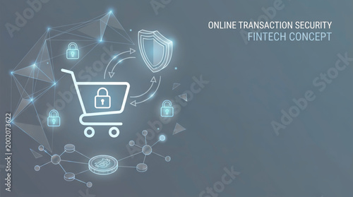 Online transaction security and fintech concept for ecommerce banking with digital shopping cart padlock shield and network nodes for cybersecurity data protection and secure payment systems.