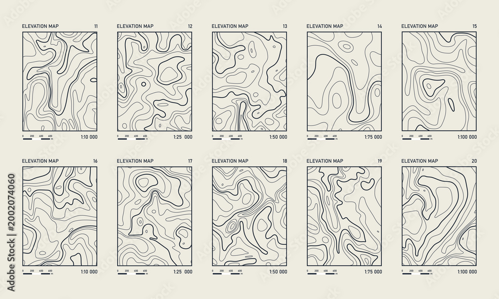 Obraz premium Multiple elevation map designs in grid layout, contour line topographic vector set.