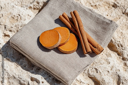 Cinnamon & Sweet Potato Delight: A still-life captures the warm essence of autumn and comfort, showcasing sweet potato slices and cinnamon sticks resting elegantly on a linen napkin. 