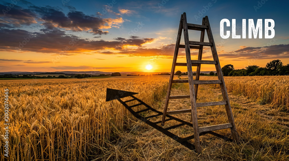 Fototapeta premium Wooden ladder in golden wheat field at sunset with dramatic sky and shadow forming arrow, symbolizing climb and progress in nature warm light