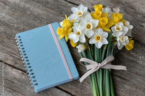 Daffodils and Notebook: A vibrant bouquet of yellow and white daffodils rests beside a light blue notebook on a rustic wooden surface, creating a scene of fresh simplicity and artistic inspiration.