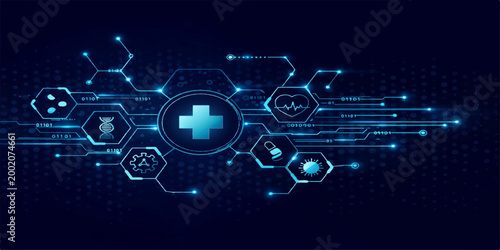 Abstract digital technology background featuring a bright blue vector illustration with glowing lines and network energy for a modern science and communication web design
