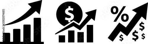 A set of three black and white icons depicting growing bar graphs with arrows, dollar sign, and percentage symbol, representing business growth, finance, and statistics.