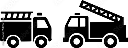 Two black silhouettes of fire trucks, one with a ladder extended, on a white background, symbolizing emergency services and firefighting.