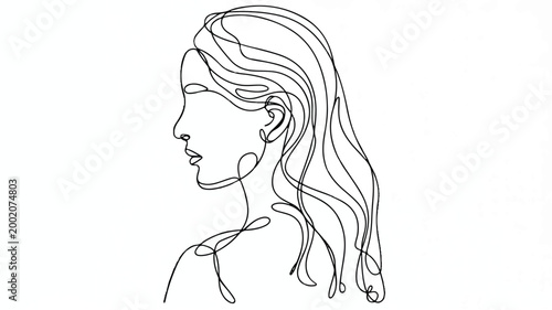 A continuous line drawing of a woman's face and hair in profile