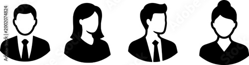 Four faceless business people icons in black and white, representing teamwork and collaboration in a professional setting.