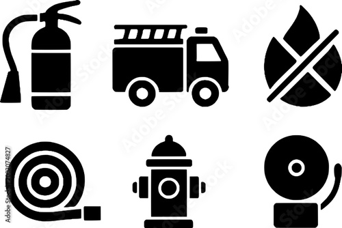 Collection of six black firefighting icons including fire extinguisher, fire truck, flame, hose, hydrant, and megaphone on white background for emergency service, fire safety, and rescue concept.