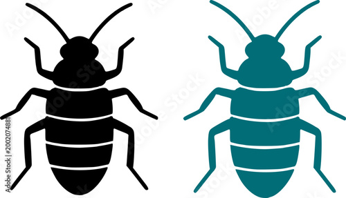 Two stylized cockroach silhouettes in black and teal on white background, insect icons, pest control symbols, bug illustrations.
