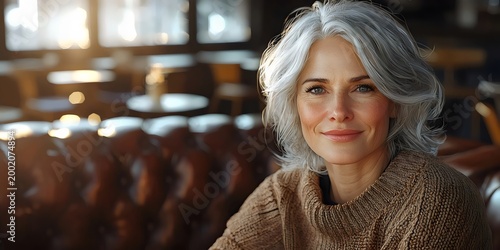 Older woman with short gray hair sits in a cozy, warm-lit cafe, wearing a chunky knit sweater, facing softly lit windows.