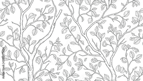 Intricate botanical branch pattern with delicate leaves illustration