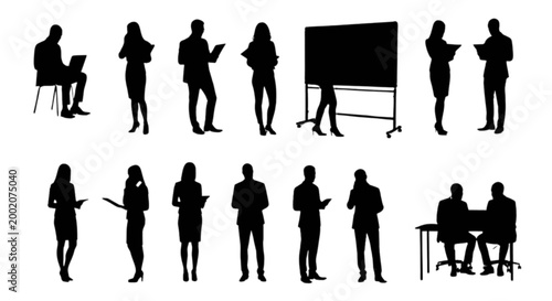 Black silhouettes of business people standing and working isolated on transparent background, Vector