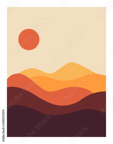 Foto Minimalist Desert Landscape with Setting Sun and Rolling Hills in Warm Earth Ton