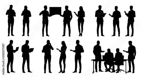 Black silhouettes of business people standing and working isolated on transparent background, Vector