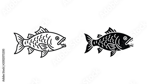 Black and white fish icon vector design showing sharp teeth and detailed scales in a clean illustrative style for marine or fishing themes