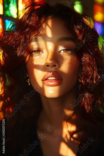 A stylish woman with wavy red hair stands against a vibrant, multicolored stained glass backdrop, bathed in warm sunlight that highlights her silhouette.