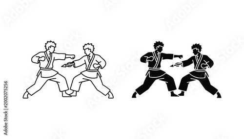 Two martial artists fighting in a dynamic pose vector illustration for sports or self-defense concepts in black and white