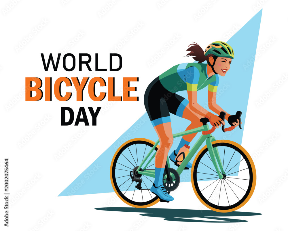 Obraz premium Woman cyclist on modern bicycle with colorful sportswear and helmet, world bicycle day message, june 3 date, abstract city