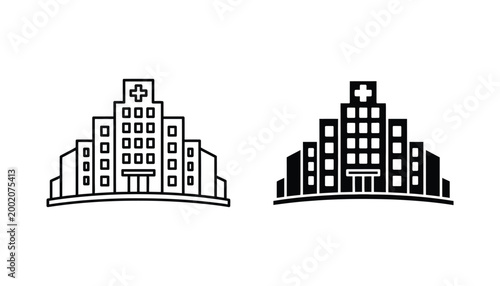 Hospital building icon set featuring outline and solid black silhouettes for medical facility signage and healthcare branding projects