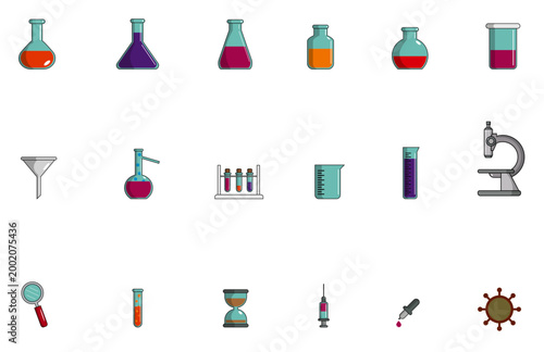 Conjunto de iconos de laboratorio, estudios y ciencia: frascos, microscopio, lupa, reloj de arena, bacteria, virus y vacuna. Ilustración Vectorial en color para sitio web, folleto, app y otros.