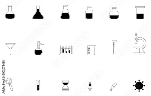 Conjunto de iconos de laboratorio, estudios y ciencia: frascos, microscopio, lupa, reloj de arena, bacteria, virus y vacuna. Ilustración Vectorial en blanco y negro para sitio web, folleto y app.