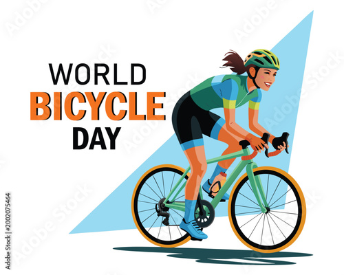 Woman cyclist on modern bicycle with colorful sportswear and helmet, world bicycle day message, june 3 date, abstract city