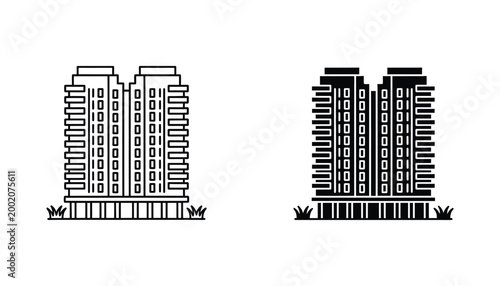 Modern residential apartment building icon with grass base in outline and solid black styles for architecture